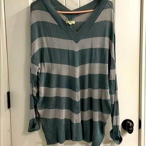 V neck, green and grey sweater